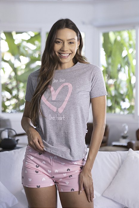 Pijama Feminino Curto Coração Mescla - Empório Do Algodão
