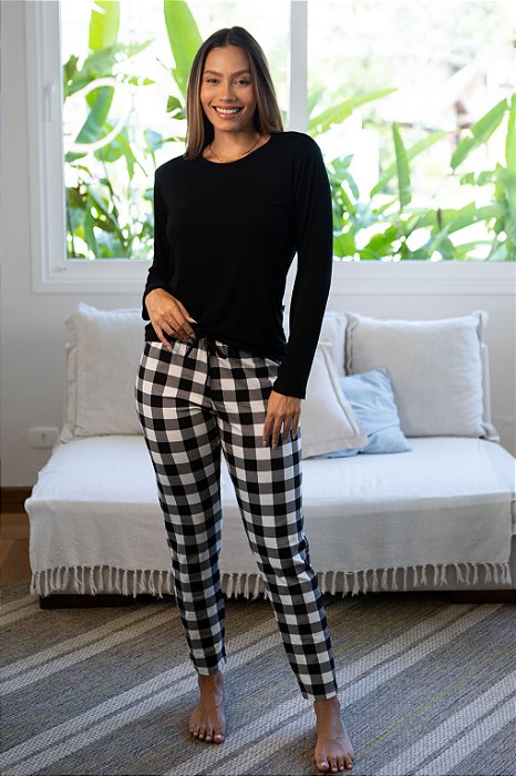 Pijama Feminino Manga Longa Xadrez Preto - Empório do Algodão