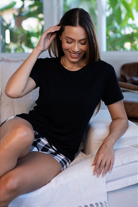 Pijama Calor Feminino Verão Xadrez Preto e Branco- Empório do Algodão