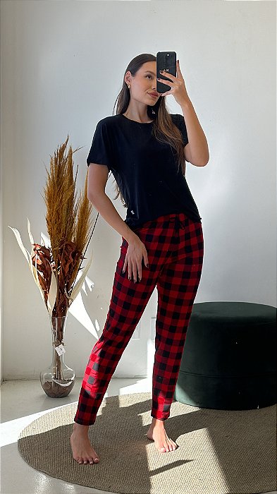 Pijama Meia Estação Xadrez Manga Curta Com Calça - Empório do Algodão
