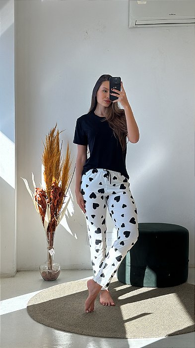 Pijama Meia Estação Coração Manga Curta Com Calça - Empório do Algodão