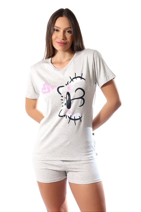 Pijama Calor Feminino Verão Cat Mescla - Empório do Algodão