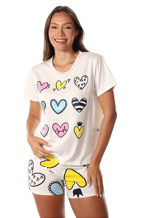 Pijama Feminino Curto Coração Off 100% Algodão - Empório do Algodão
