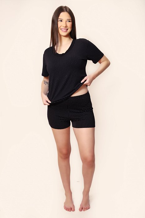 Pijama Calor Feminino Verão Poa Preto - Empório do Algodão