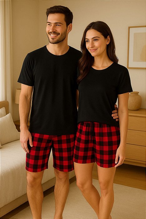Pijama Casal Xadrez Vermelho Manga Curta