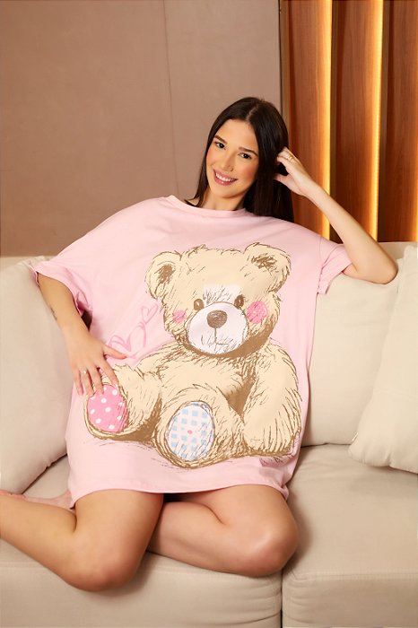Camisetão Verão Urso Rosa 100% Algodão