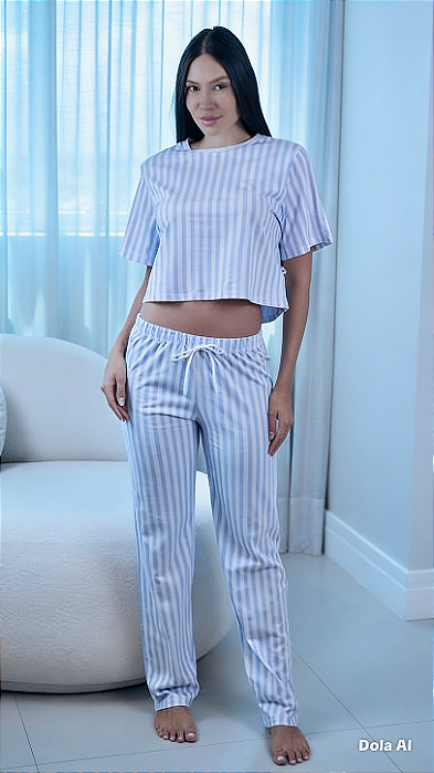 Pijama Meia Estação Cropped Com Calça Listrado Azul - Empório do Algodão