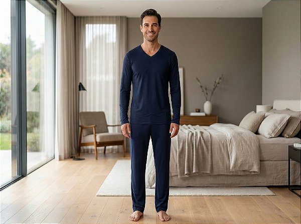 Pijama Masculino Azul Marinho Manga Longa - 100% Algodão – Empório do algodão
