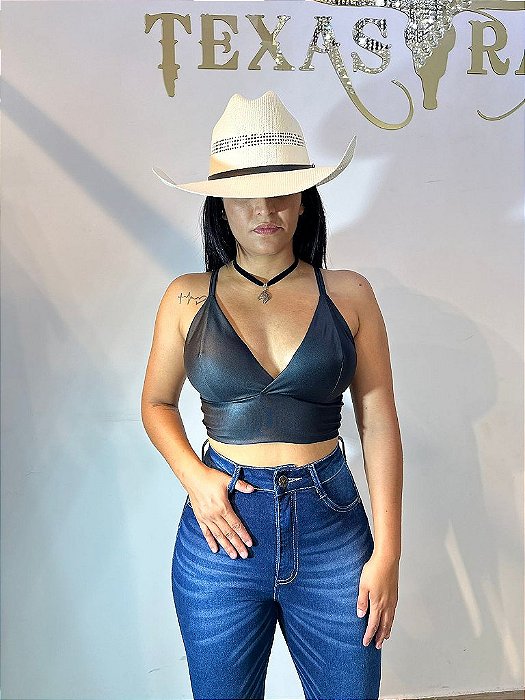 Cropped Couro Preto Texas Ranch Jeans