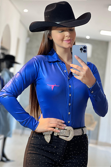 Body Camisa Cirrê Azul Bordado Pink Texas Ranch
