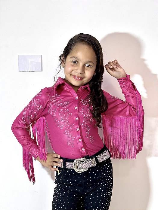 Body Camisa Infantil Pink Flowers c/ Franjas