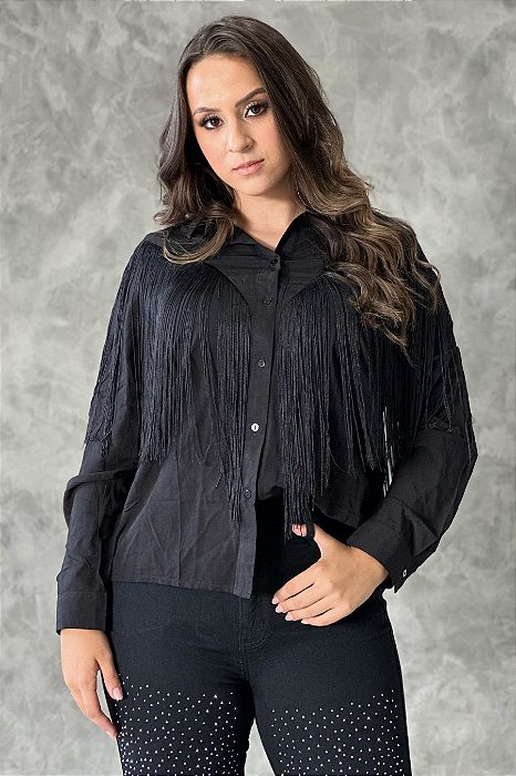 Camisa Feminina Com Franjas Preta Básica TR09