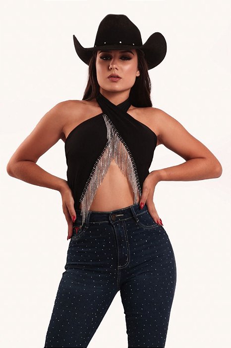 Body Preto Trançado Franjas Strass TR114