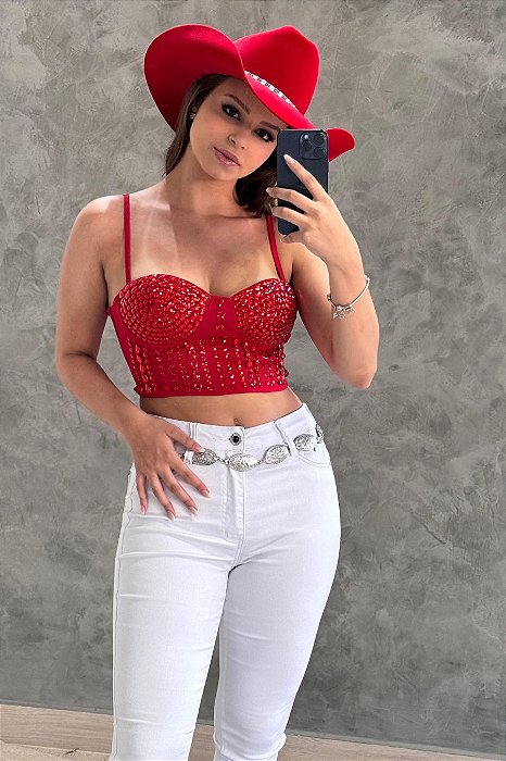 Cropped Vermelho Crystal Moda Country Texas Ranch Jeans TR53