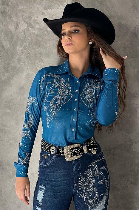 Body Camisa Cirrê Azul Celeste Love Horse Texas Ranch TR121