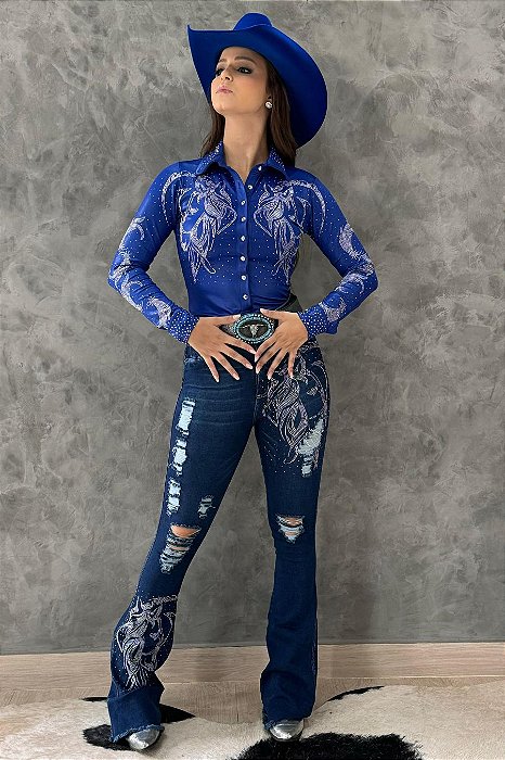 Calça Jeans Stoned Blue Love Horse Texas Ranch TR127