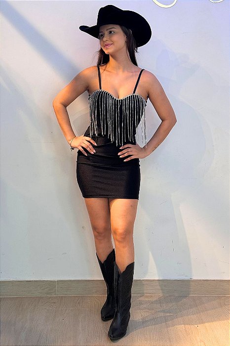 Vestido Country Black Franjas Strass Texas Ranch Ref. TR045
