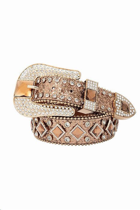 Cinto Moda Country Glitter Dourado c/ Pedras Quadradas Ref. TR66