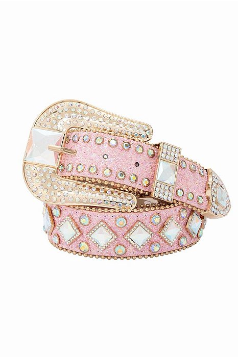 Cinto Moda Country Glitter Pink c/ Pedras Quadradas Ref. TR65