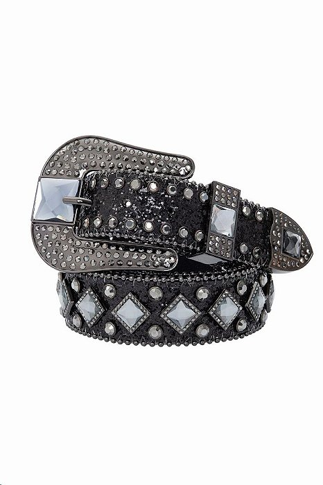 Cinto Moda Country Glitter Preto c/ Pedras Quadradas Ref. TR64