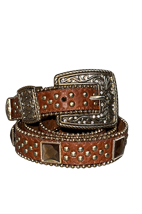 Cinto Country Feminino Slim Marrom Pedras Quadradas Ref. TR85