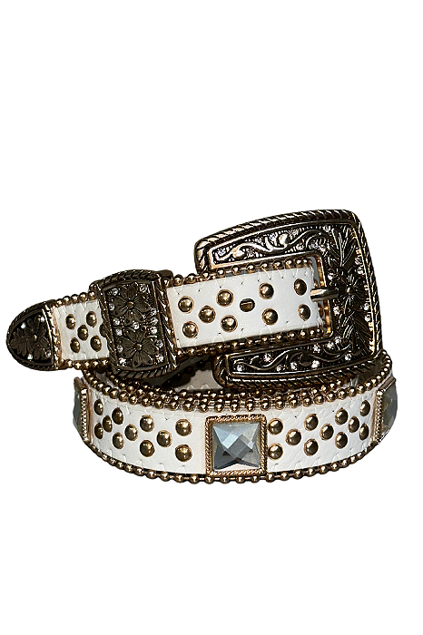 Cinto Country Feminino Slim Branco Pedras Quadradas Ref. TR87