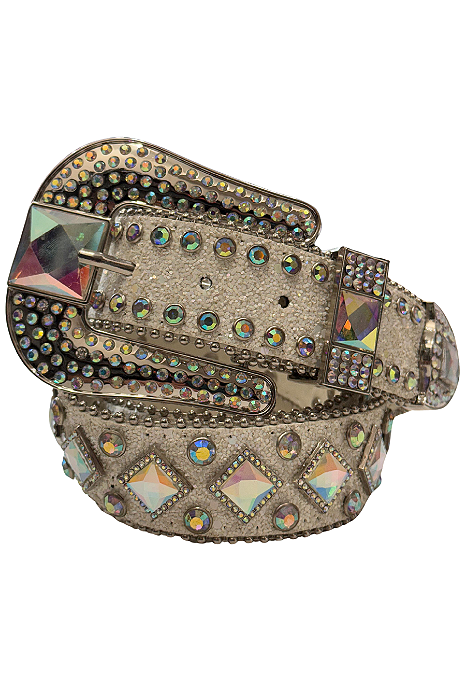 Cinto Moda Country Glitter Branco c/ Pedras Quadradas Ref. TR93