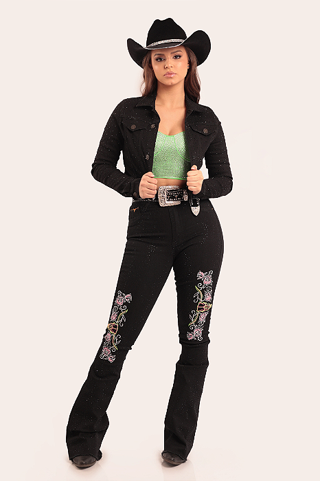 Calça Jeans Black Strass & Bordado Cowgirl Texas Ranch Ref. TR155