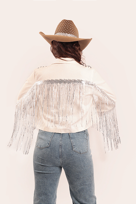 Jaqueta Branca Rivet Franjas Paetê Texas Ranch Jeans Texas Ranch