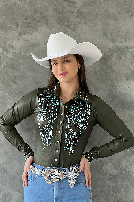 Body Camisa Verde Escuro C/ Pedras Azuis Texas Ranch Ref. TR179