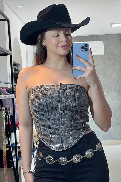 Cropped Jeans Preto Detalhado Texas Ranch Jeans Ref. TR83