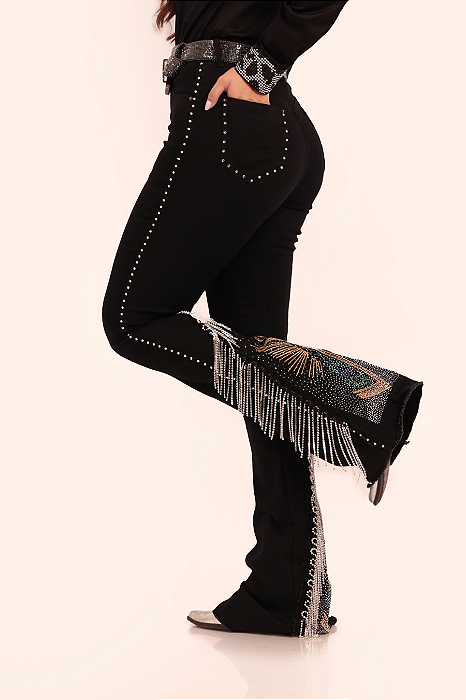 Calça Jeans Preta Nossa Senhora Aparecida Details Franjas Strass Ref. TR202