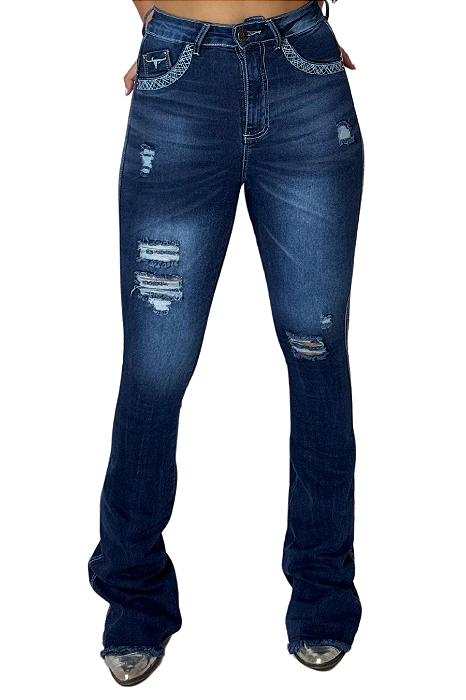 Calça Jeans Azul Bordada Longhorn Texas Ranch Ref. TR187