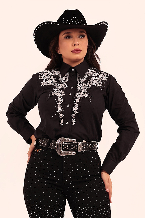 Camisa Preta Bordado Branco Miss Diamond Texas Ranch Ref. TR54