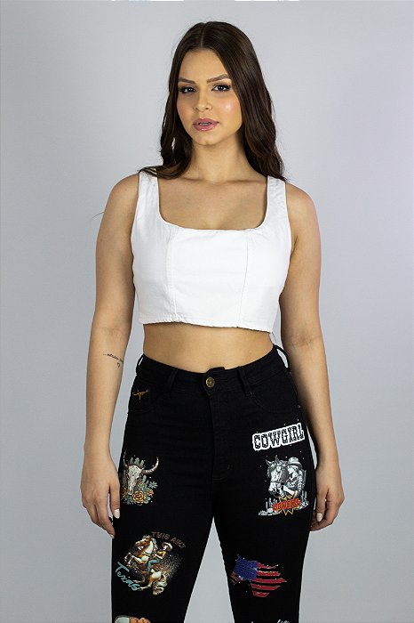 Cropped Jeans Branco Básico Miss Diamond Ref. TR88