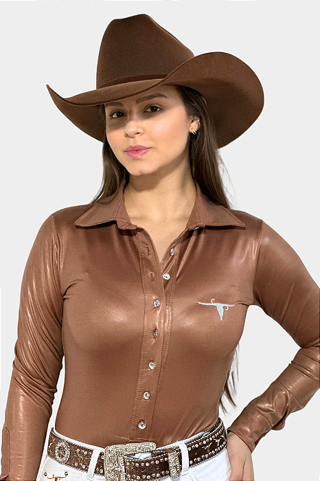 Body Camisa Cirrê Marrom Bordado Branco Texas Ranch Ref. TR222