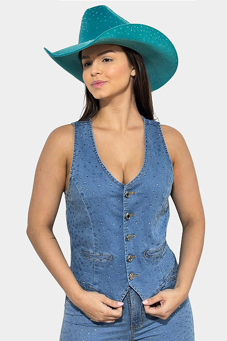 Colete Jeans Claro Blue Strass Texas Ranch Ref. TR06