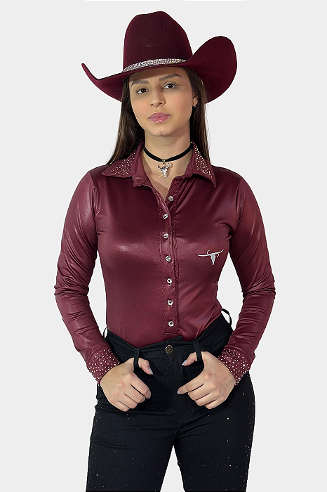 Body Camisa Cirrê Bordô Bordado Branco Texas Ranch Ref. TR235