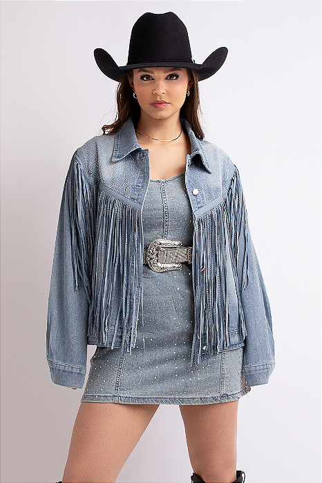 Jaqueta Jeans Bordada Let's Go Rodeo Franjas Ref. TR43