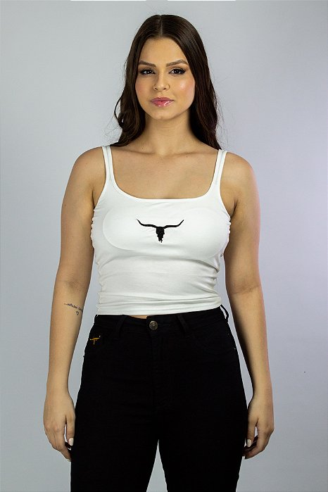 Blusinha Regata Branca com Bojo Bordada Longhorn Ref. TR24
