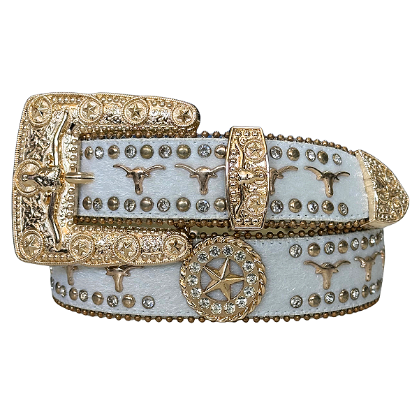 Cinto Gold Longhorn Branco Texas Ranch Jeans Ref. TR143