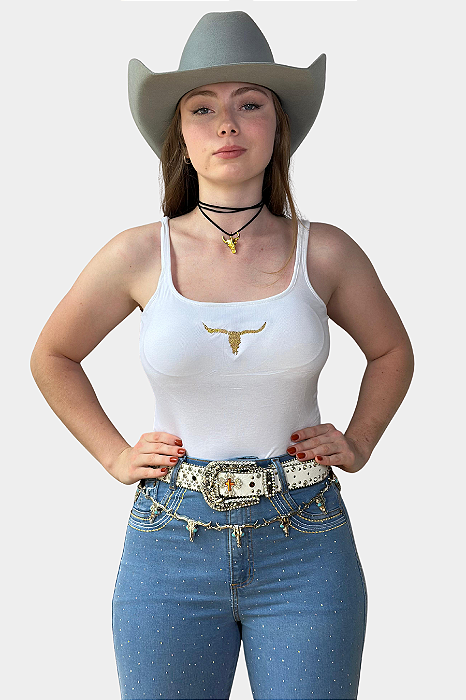 Blusinha Regata Branca Gold Longhorn Bordada Ref. TR29