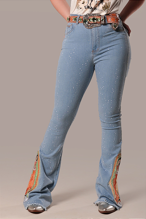 Calça Jeans Delavê Bordada Nossa Senhora de Guadalupe Strass Ref. TR267