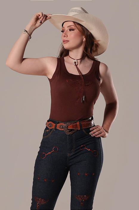 Blusinha Regata Canelada Marrom Bordada Country Sessions Ref. TR33