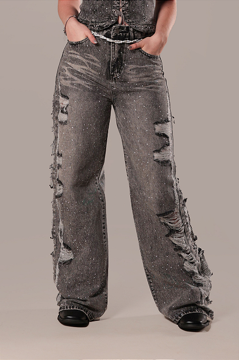 Calça Jeans Preta Wide Leg Stoned Destroyed Silver Shine Ref. TR271