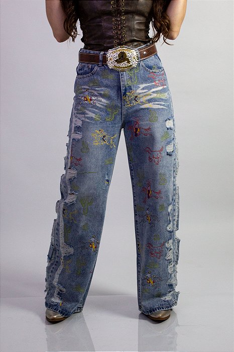 Calça Jeans Azul Wide Leg Stoned Desert Horse Texas Ref. TR272