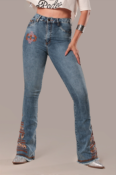 Calça Jeans Stoned Bordada Aztec Miss Texas Ref. TR273