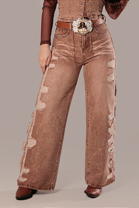 Calça Jeans Marrom Wide Leg Stoned Destroyed Silver Shine Ref. TR274
