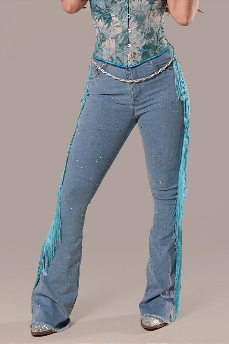 Calça Jeans Delavê Blue Franjas Strass Country Sessions Ref. TR277