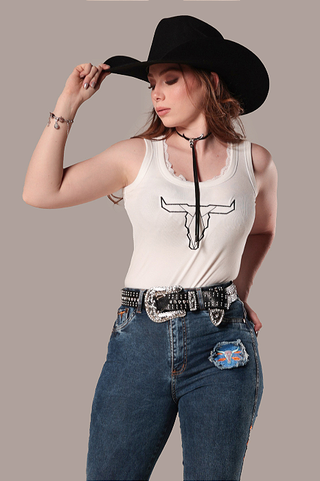 Blusinha Branca Regata Rendada Bordada Head Ox Ref. TR38